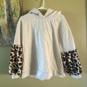 POL Cream Hoodie with Leopard Faux Fur Cuffs